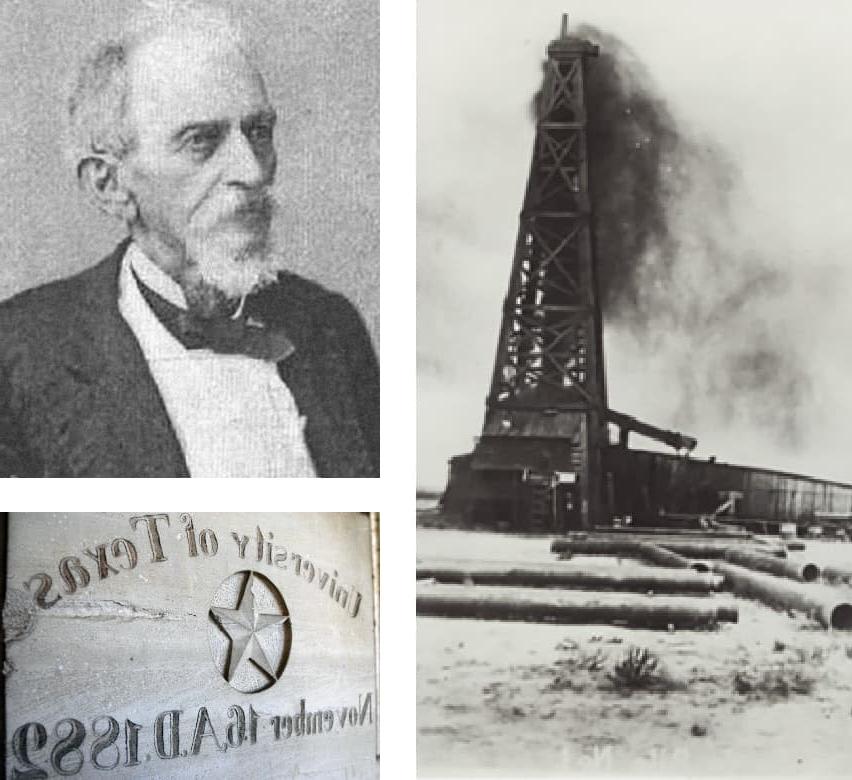 圣丽塔石油钻井平台的拼贴图像，阿什贝尔·史密斯的肖像，以及1882年德克萨斯大学奥斯汀分校的基石