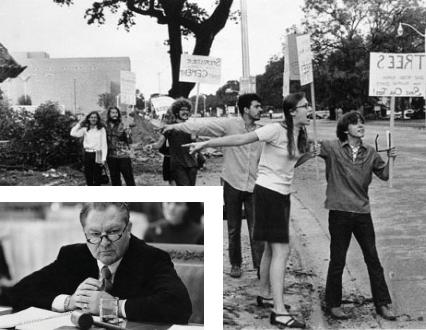 黑色的 & white collage of students protesting, Frank Erwin sitting in corner